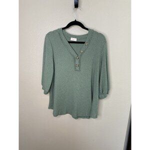 Hailey & Co Womens Green Blouse 1X waffle 3/4 sleeve v-neck nylon pullover